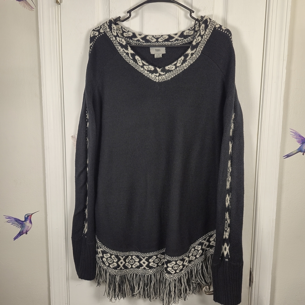 NWT YAIRA Black Boho Fringe Fair Isle Knit V-Neck Sweater L/XL Cozy Festival Top